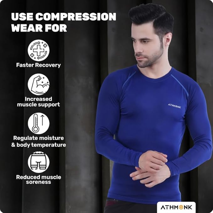 Athmonk Compression T-Shirt Vest Upper Body Shaper for Men Boys Branded - 4-Way Stretch Lycra Fabric - Workout Gym Cricket Running Football Sports Training - Keep Dry Tight Skin Fit - Round Neck